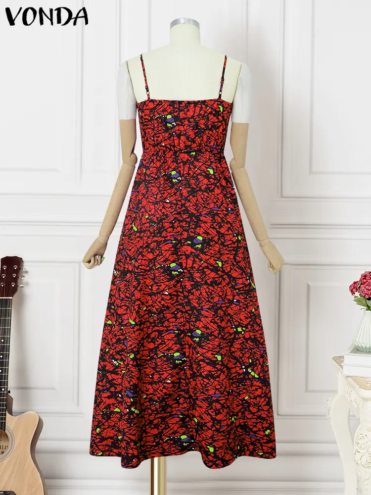 VONDA Bohemian Printed Dress 2025 Summer Women Strap Evening Sexy Lace Patchwork Party Sundress Casual Vestidos Pleated Robe