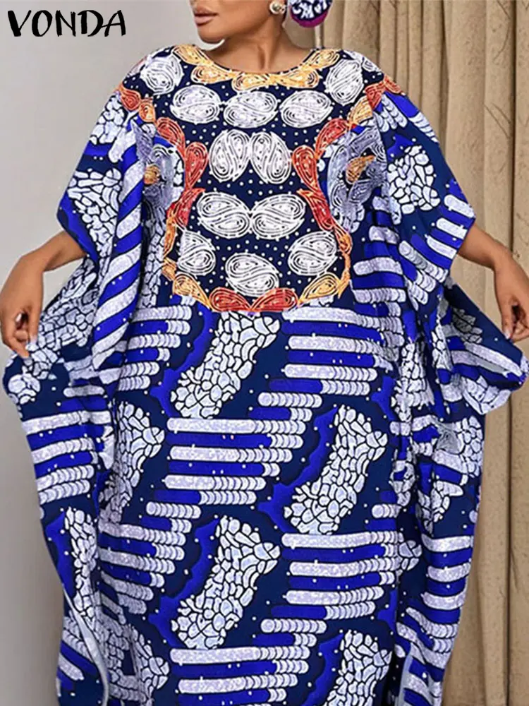 VONDA Bohemian Long Dress Women Printed Vintage Maxi Vestidos 2025 Summer Half Bat Sleeve Casual Loose Robe Oversized Sundress