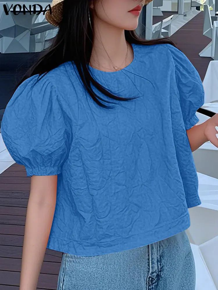 VONDA Summer Short Sleeve Blouses Women Solid Color Casual Loose Tops 2025 Fashion O Neck Tunic Puff Sleeve Korean Blusas Female