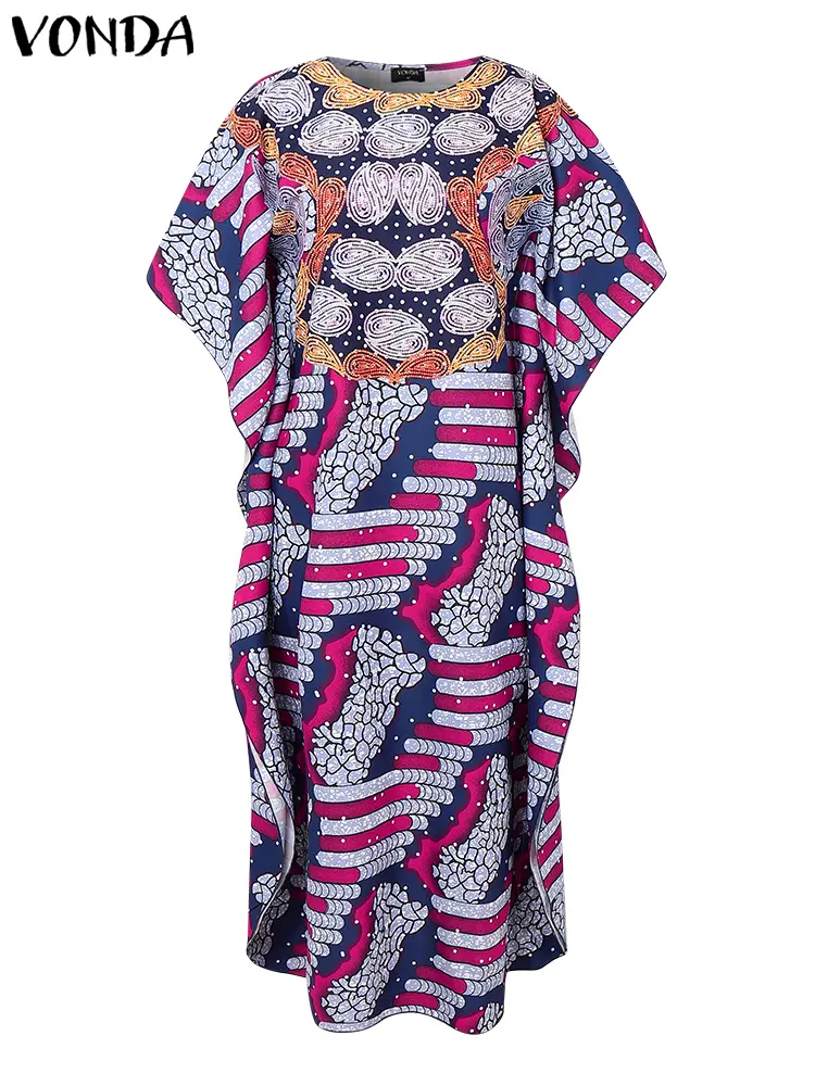 VONDA Bohemian Long Dress Women Printed Vintage Maxi Vestidos 2025 Summer Half Bat Sleeve Casual Loose Robe Oversized Sundress