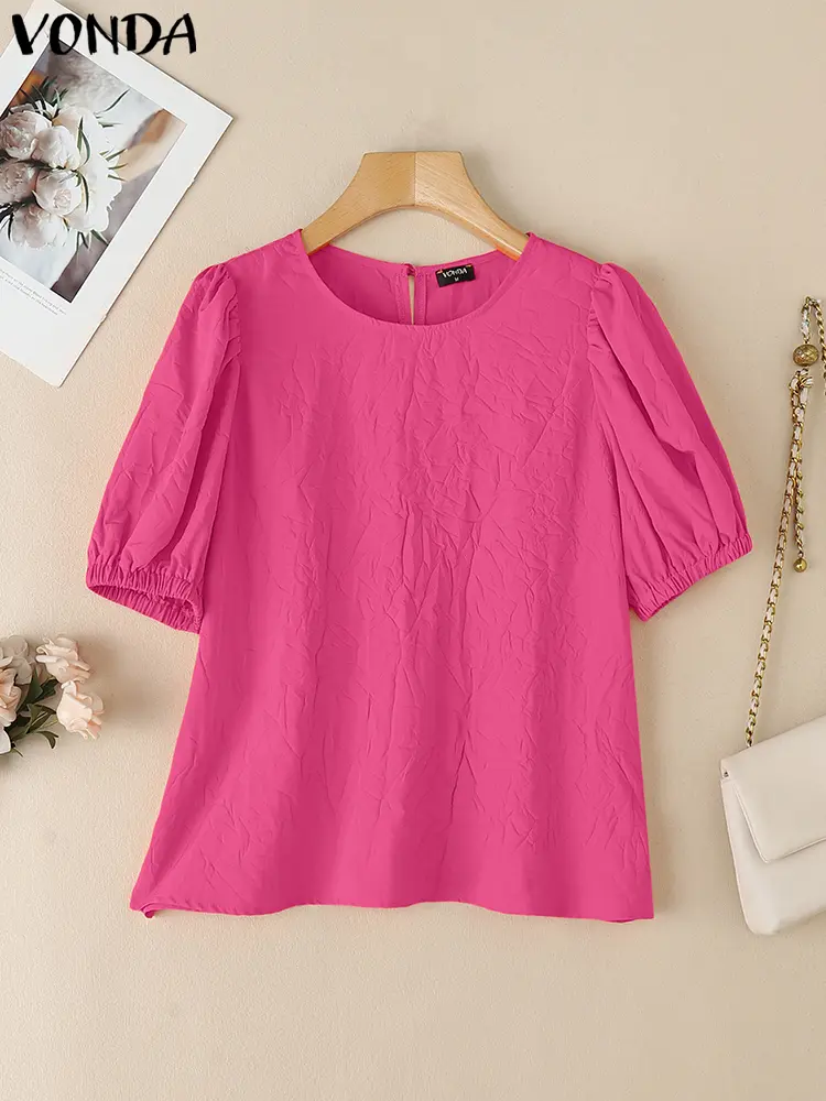 VONDA Summer Short Sleeve Blouses Women Solid Color Casual Loose Tops 2025 Fashion O Neck Tunic Puff Sleeve Korean Blusas Female