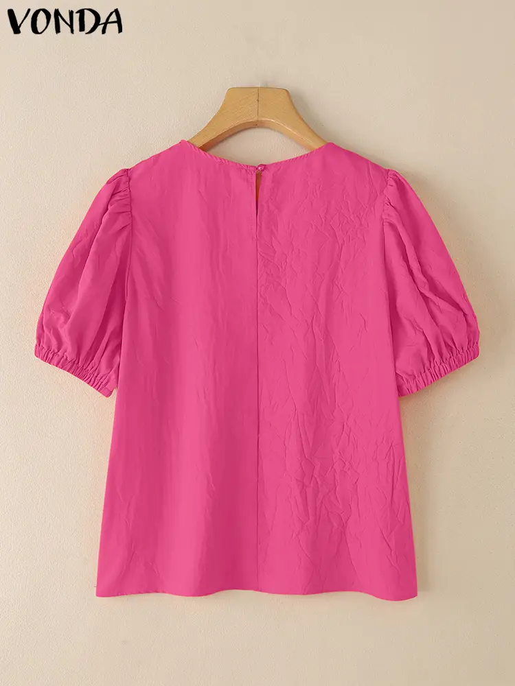 VONDA Summer Short Sleeve Blouses Women Solid Color Casual Loose Tops 2025 Fashion O Neck Tunic Puff Sleeve Korean Blusas Female