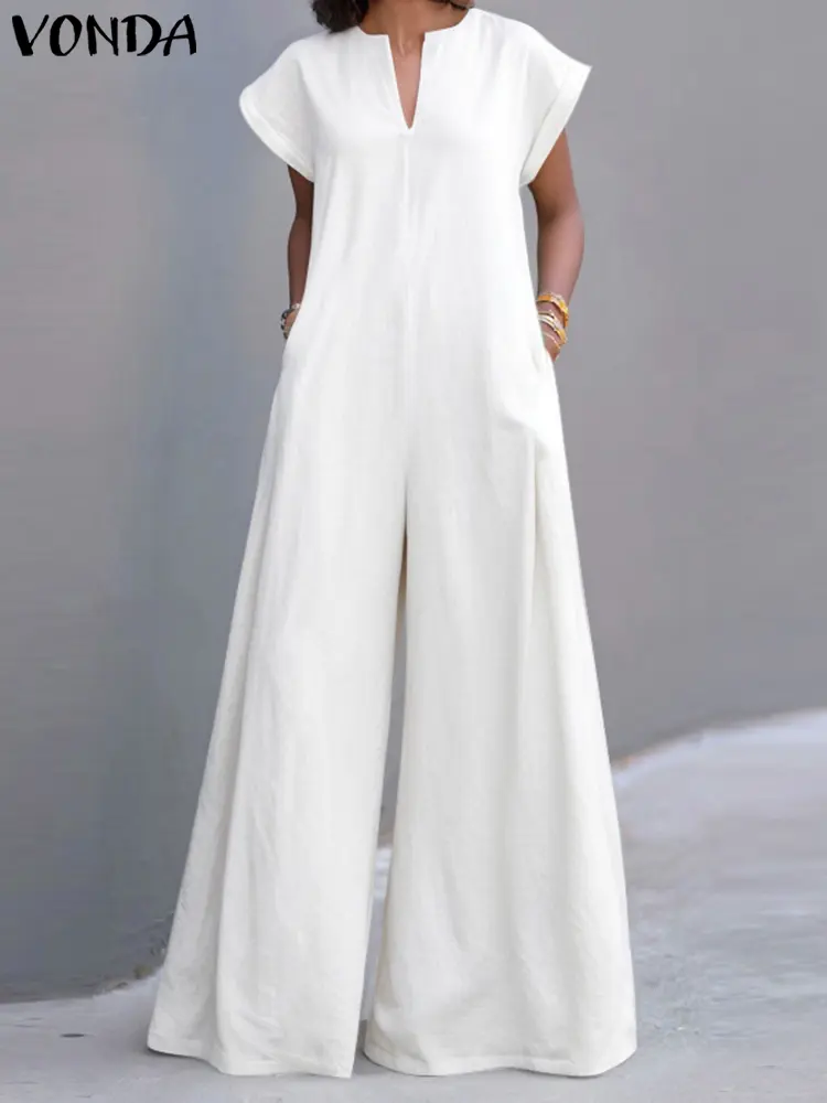 VONDA Elegant Long Jumpsuits Women Summer Short Sleeve Rompers 2025 Fashion V-Neck Loose Solid Color Playsuits Wide Leg Pants