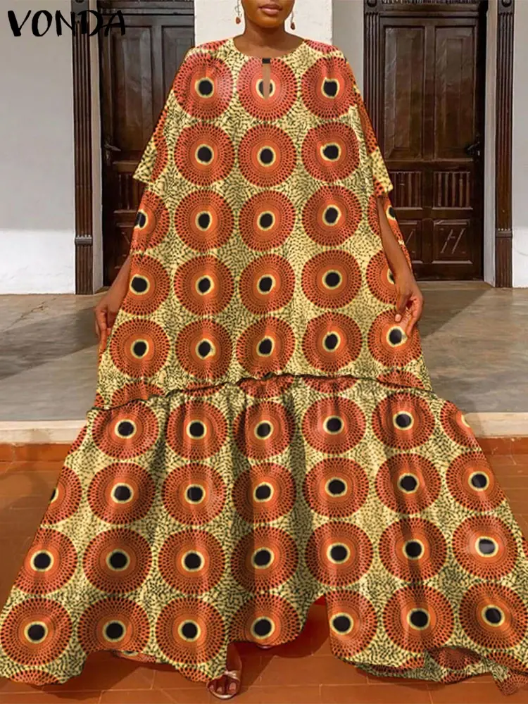 Plus Size 5XL VONDA 2025 Summer Maxi Dress Women Bohemian Short Sleeve Printed Dress Vintage Sundress Casual Ruffled Vestido