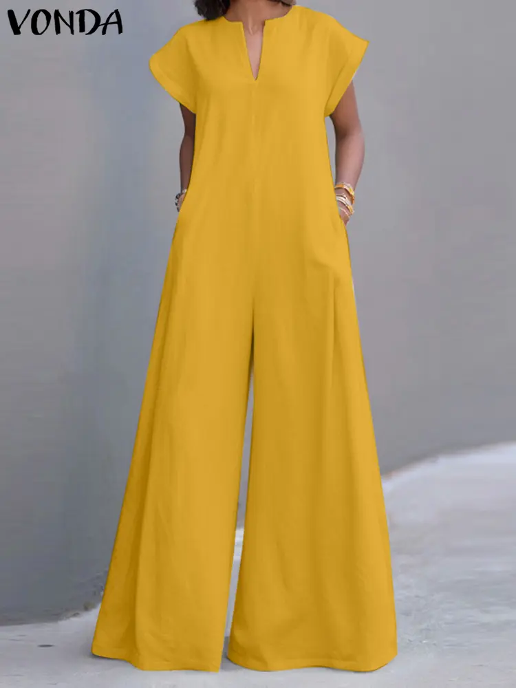 VONDA Elegant Long Jumpsuits Women Summer Short Sleeve Rompers 2025 Fashion V-Neck Loose Solid Color Playsuits Wide Leg Pants