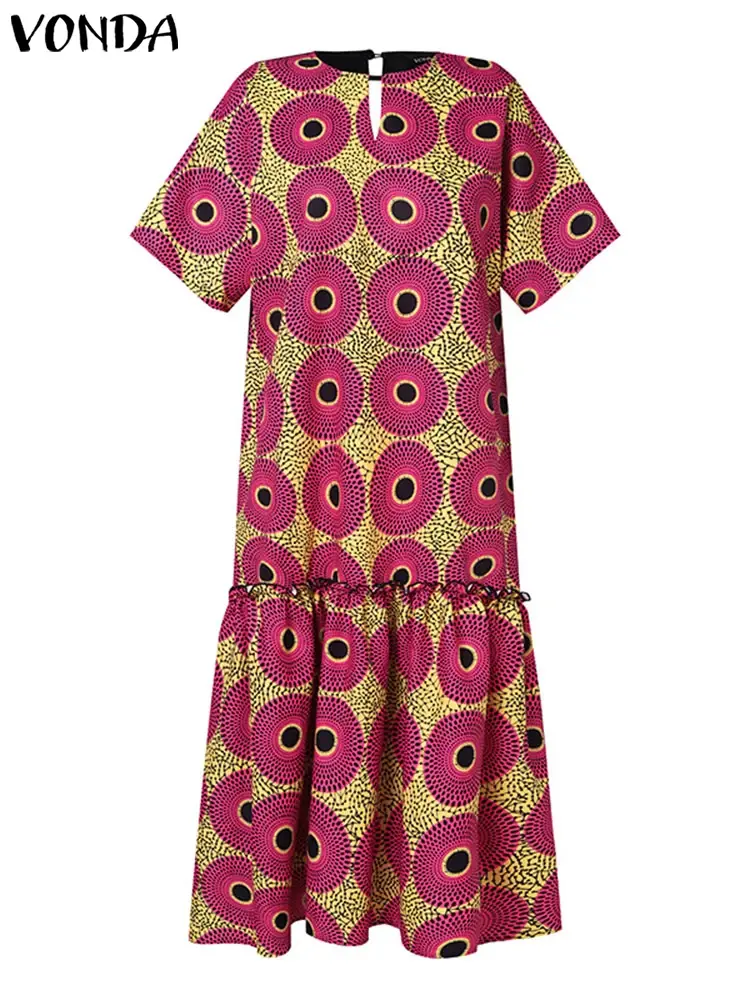 Plus Size 5XL VONDA 2025 Summer Maxi Dress Women Bohemian Short Sleeve Printed Dress Vintage Sundress Casual Ruffled Vestido