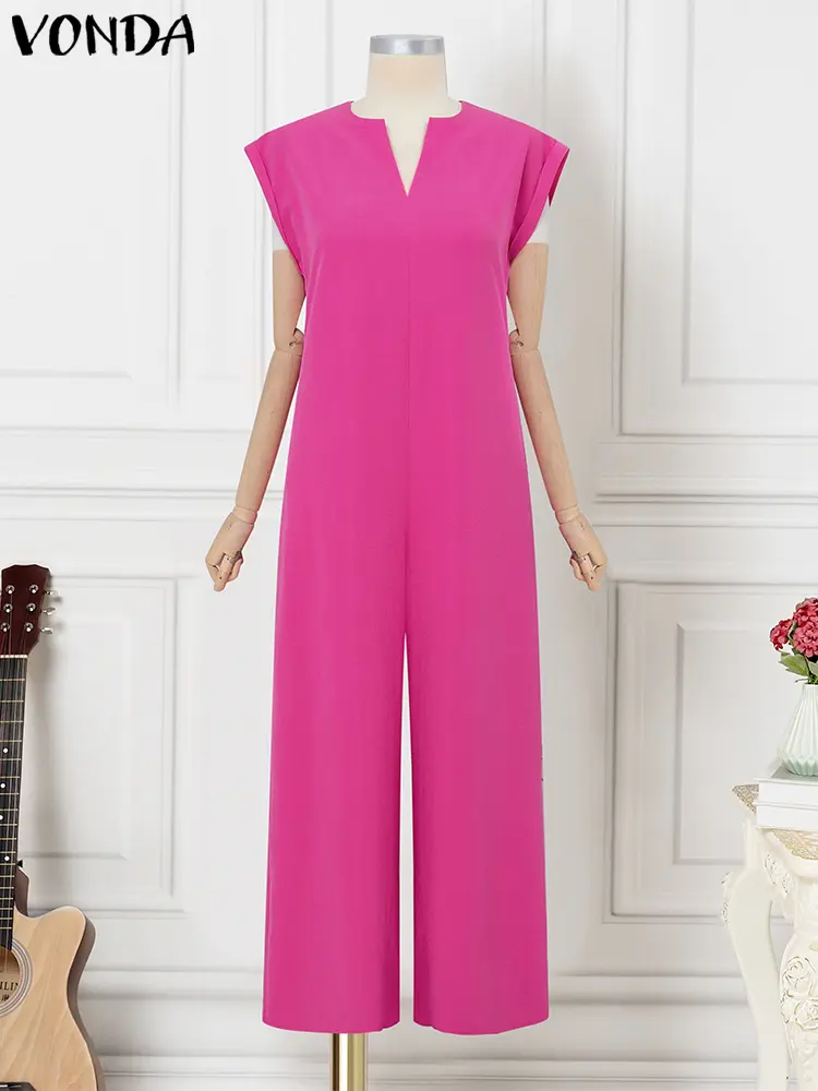 VONDA Elegant Long Jumpsuits Women Summer Short Sleeve Rompers 2025 Fashion V-Neck Loose Solid Color Playsuits Wide Leg Pants