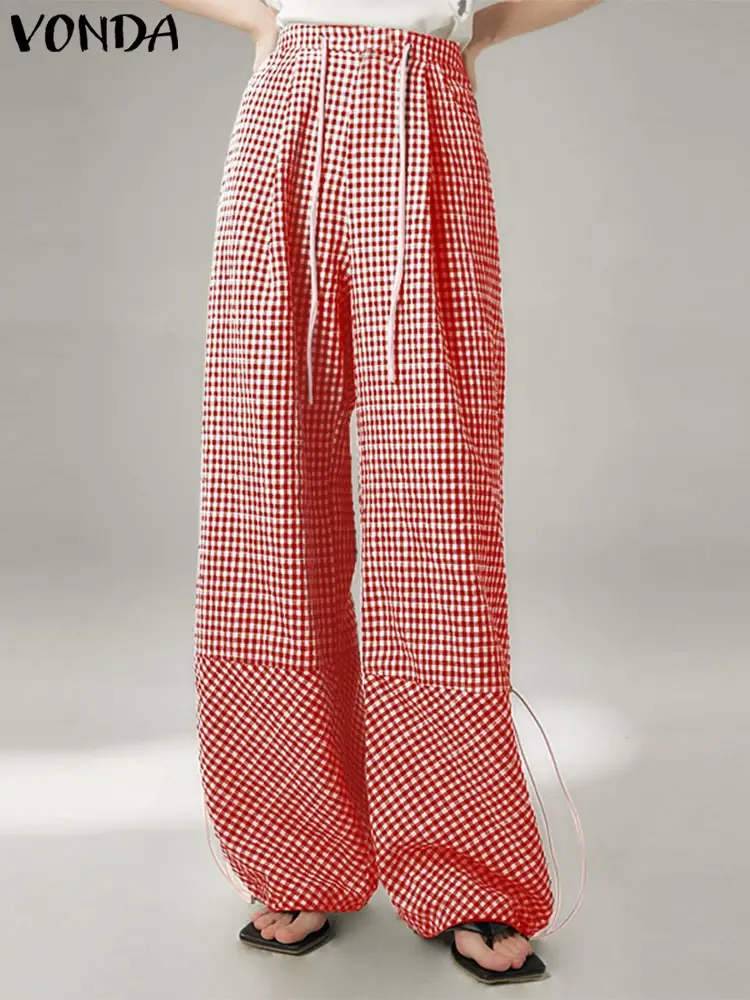 VONDA 2025 Summer Elegant Women Plaid Printed Trousers Drawstring Bohemian Pleated Long Pants Casual Loose Wide Leg Pants