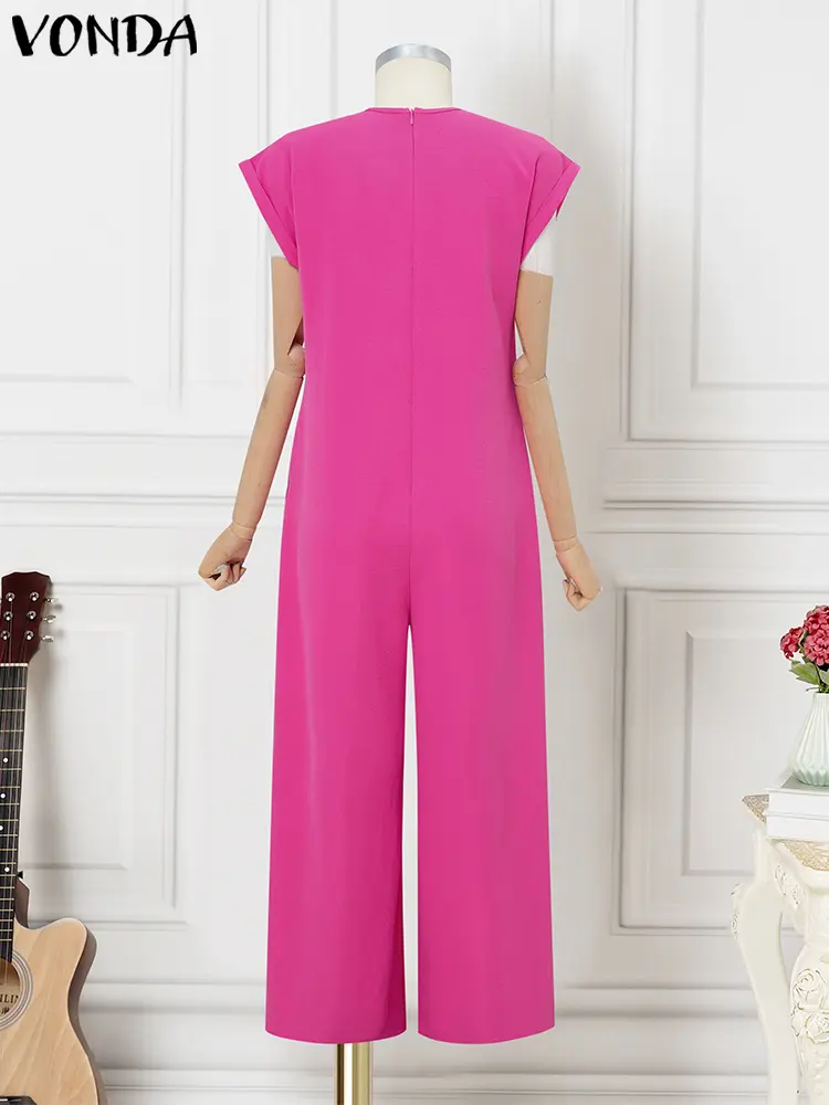 VONDA Elegant Long Jumpsuits Women Summer Short Sleeve Rompers 2025 Fashion V-Neck Loose Solid Color Playsuits Wide Leg Pants