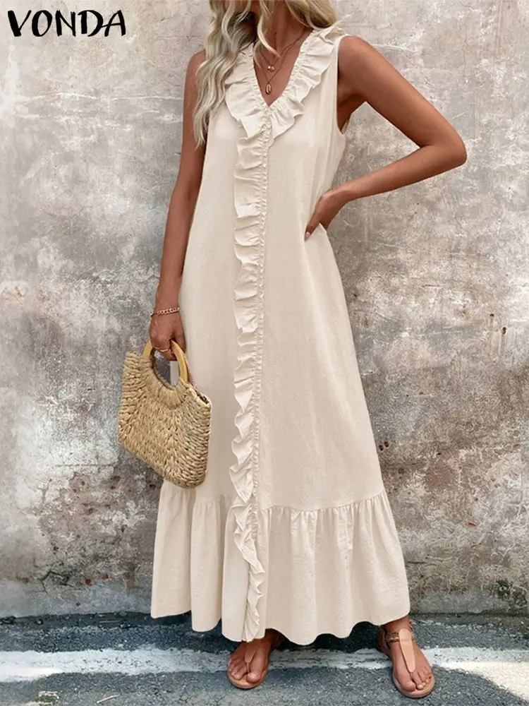VONDA Summer Long Dress Women Sleeveless Sexy Ruffled Maxi Vestidos 2025 Fashion V-Neck Casual Solid Color Beach Tank Sundress