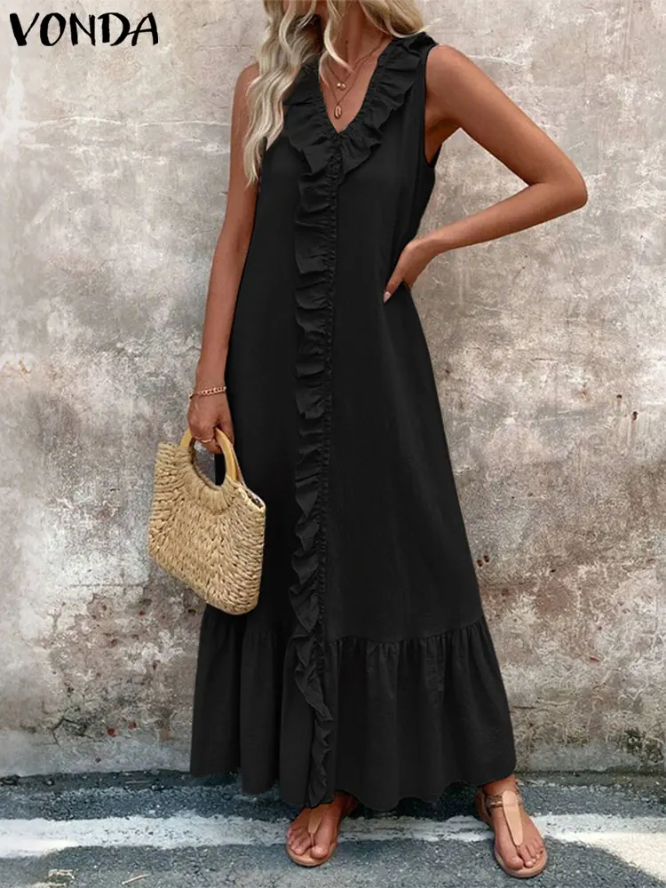 VONDA Summer Long Dress Women Sleeveless Sexy Ruffled Maxi Vestidos 2025 Fashion V-Neck Casual Solid Color Beach Tank Sundress