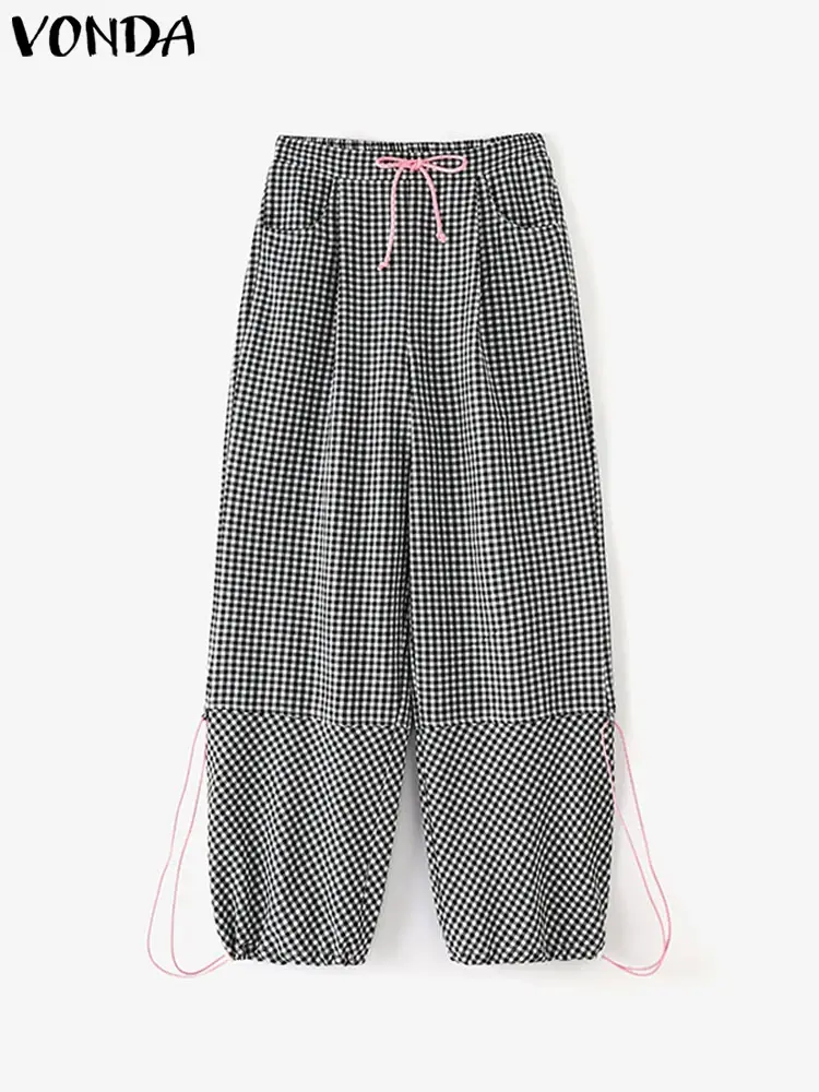 VONDA 2025 Summer Elegant Women Plaid Printed Trousers Drawstring Bohemian Pleated Long Pants Casual Loose Wide Leg Pants