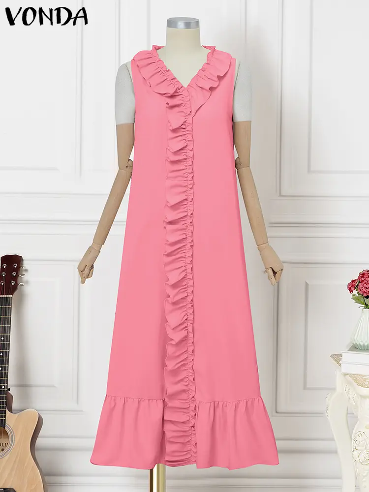 VONDA Summer Long Dress Women Sleeveless Sexy Ruffled Maxi Vestidos 2025 Fashion V-Neck Casual Solid Color Beach Tank Sundress