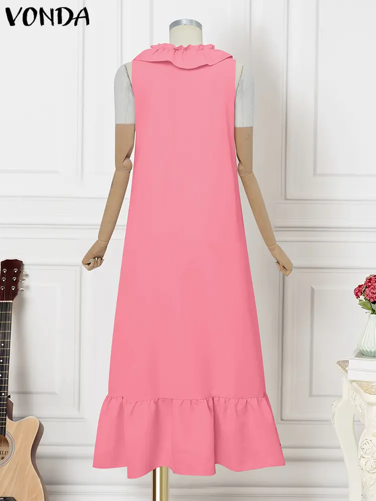 VONDA Summer Long Dress Women Sleeveless Sexy Ruffled Maxi Vestidos 2025 Fashion V-Neck Casual Solid Color Beach Tank Sundress