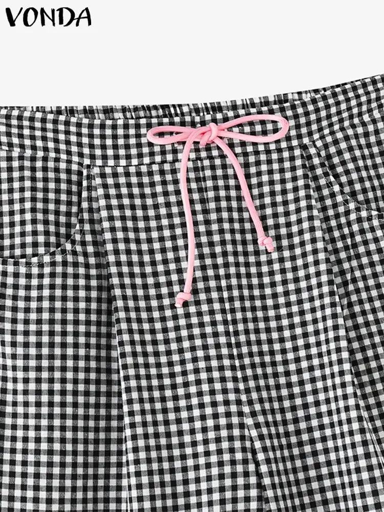 VONDA 2025 Summer Elegant Women Plaid Printed Trousers Drawstring Bohemian Pleated Long Pants Casual Loose Wide Leg Pants