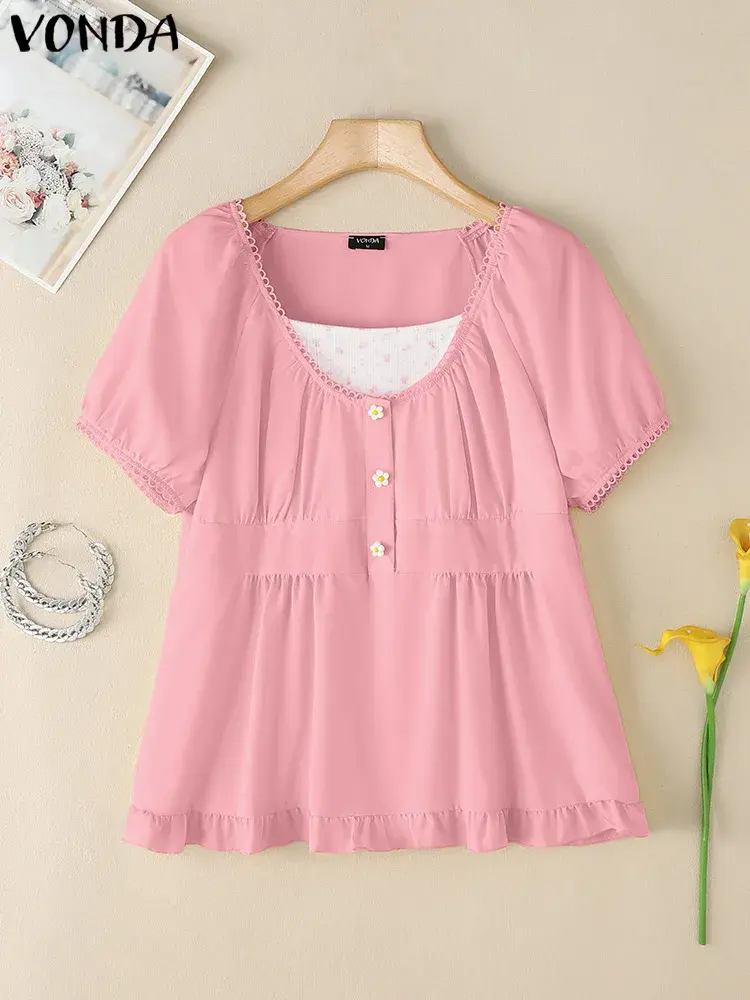 Square Collar Summer Tops Tee VONDA Vintage Women Blouse OL Work Casual Short Sleeve Ruffles Patchwork Blusas Tunic Streetwear