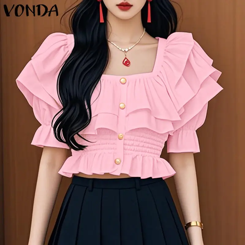 VONDA Women Shirts 2025 Summer Casual Solid Color Square Collar Ruffled Tops Waist Blouses Buttons Elegant Puff Sleeve Blusas