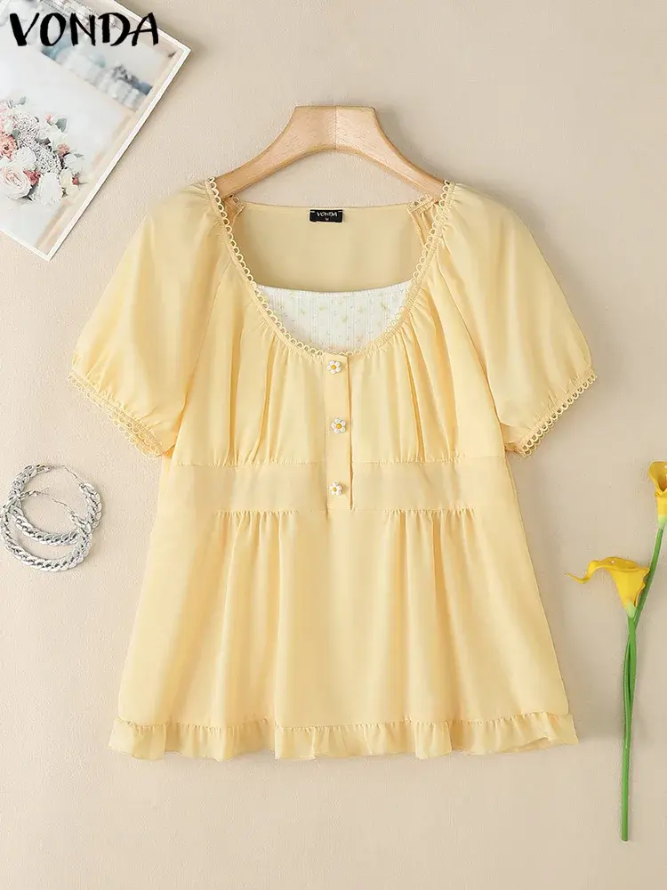 Square Collar Summer Tops Tee VONDA Vintage Women Blouse OL Work Casual Short Sleeve Ruffles Patchwork Blusas Tunic Streetwear