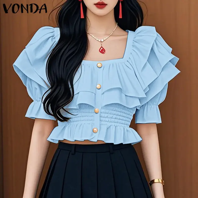 VONDA Women Shirts 2025 Summer Casual Solid Color Square Collar Ruffled Tops Waist Blouses Buttons Elegant Puff Sleeve Blusas
