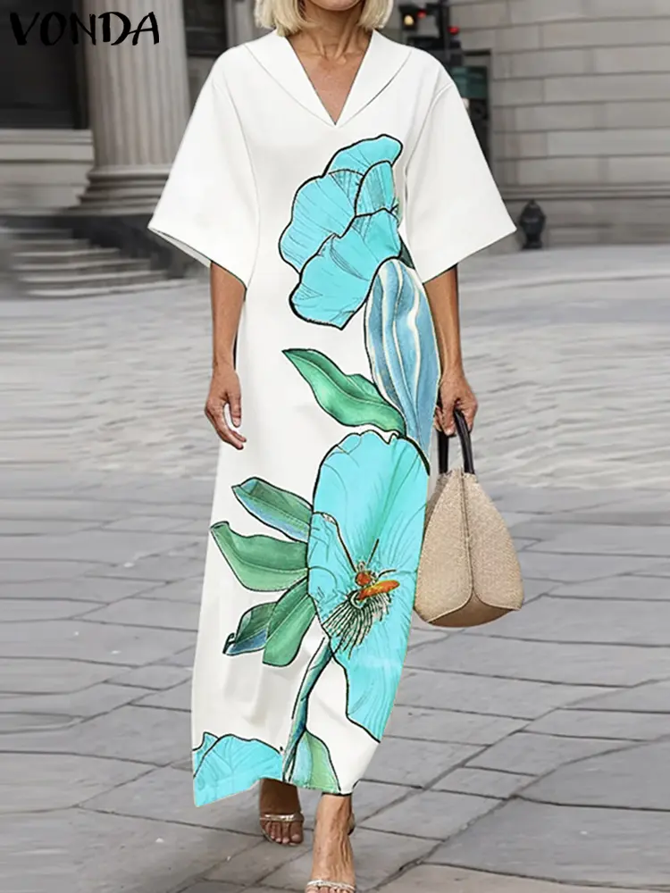 VONDA Bohemian Floral Print Maxi Dress 2025 Summer Women Short Sleeve Long Vestidos Lapel Casual Loose Sundress Oversized Robe