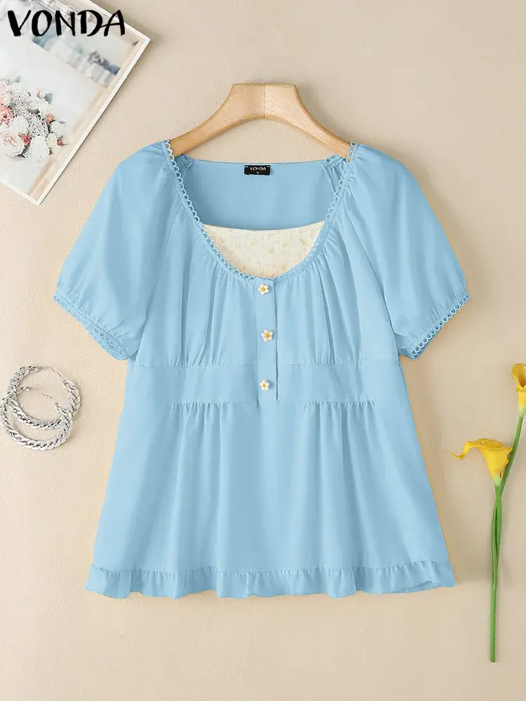 Square Collar Summer Tops Tee VONDA Vintage Women Blouse OL Work Casual Short Sleeve Ruffles Patchwork Blusas Tunic Streetwear