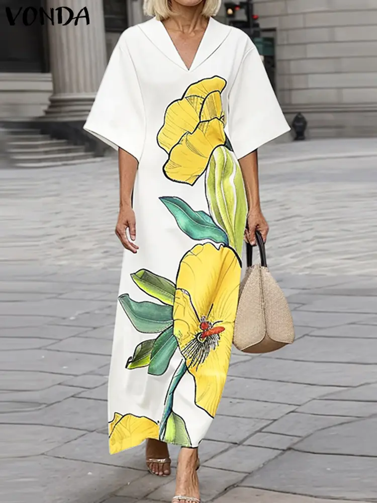 VONDA Bohemian Floral Print Maxi Dress 2025 Summer Women Short Sleeve Long Vestidos Lapel Casual Loose Sundress Oversized Robe