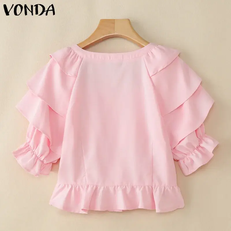 VONDA Women Shirts 2025 Summer Casual Solid Color Square Collar Ruffled Tops Waist Blouses Buttons Elegant Puff Sleeve Blusas