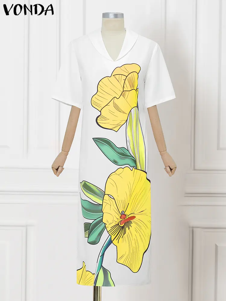 VONDA Bohemian Floral Print Maxi Dress 2025 Summer Women Short Sleeve Long Vestidos Lapel Casual Loose Sundress Oversized Robe