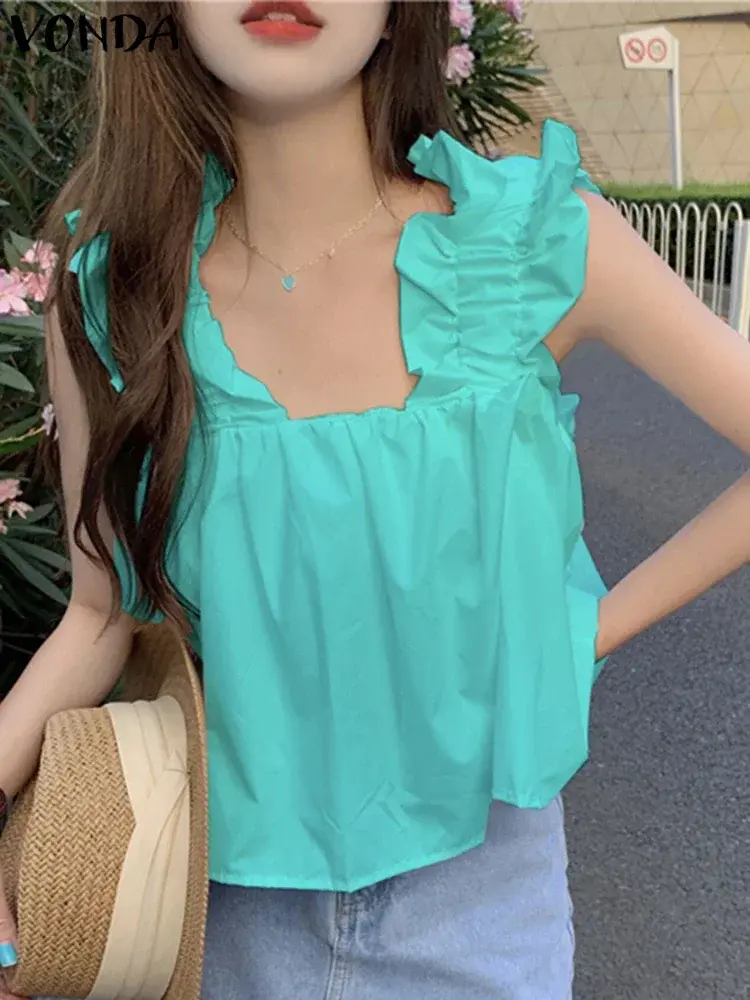 VONDA Women Ruffled Tanks Tops 2025 Fashion Summer Camis Sleeveless Shirts Casual Solid Color Shirts Loose Square Collar Tees