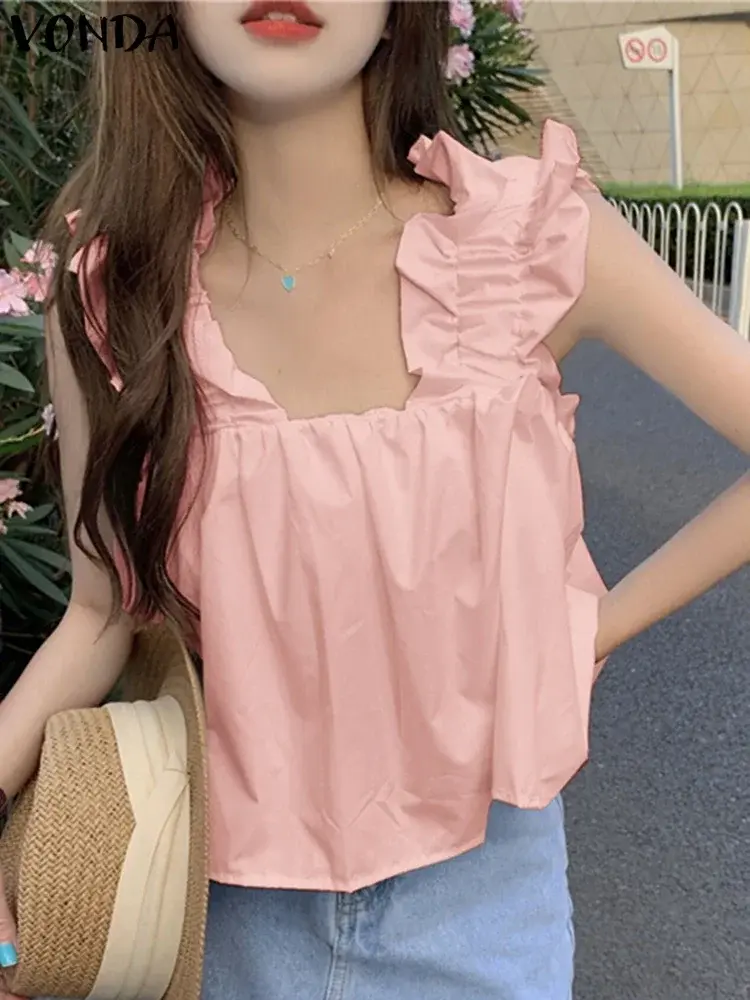 VONDA Women Ruffled Tanks Tops 2025 Fashion Summer Camis Sleeveless Shirts Casual Solid Color Shirts Loose Square Collar Tees