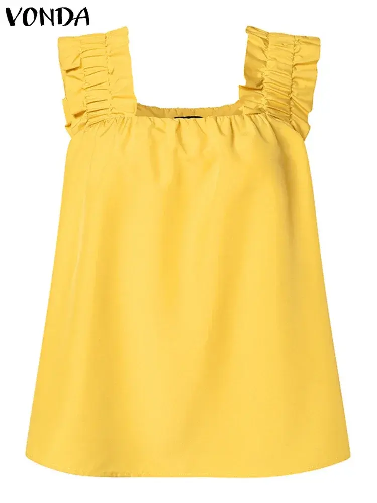 VONDA Women Ruffled Tanks Tops 2025 Fashion Summer Camis Sleeveless Shirts Casual Solid Color Shirts Loose Square Collar Tees