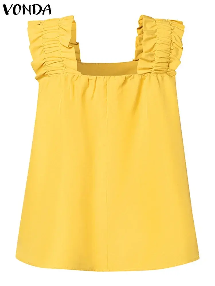 VONDA Women Ruffled Tanks Tops 2025 Fashion Summer Camis Sleeveless Shirts Casual Solid Color Shirts Loose Square Collar Tees
