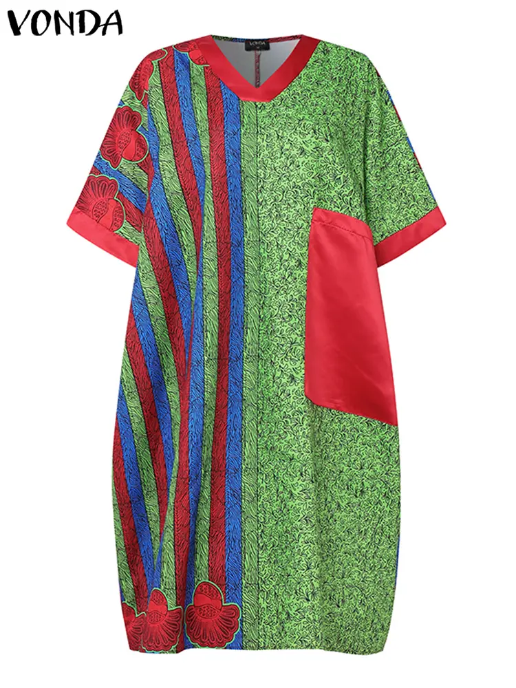 VONDA Bohemian Summer Dress Women Short Sleeve Striped Print Knee-length Sundress V-Neck Beach Vestidos Pockets Oversized Robe
