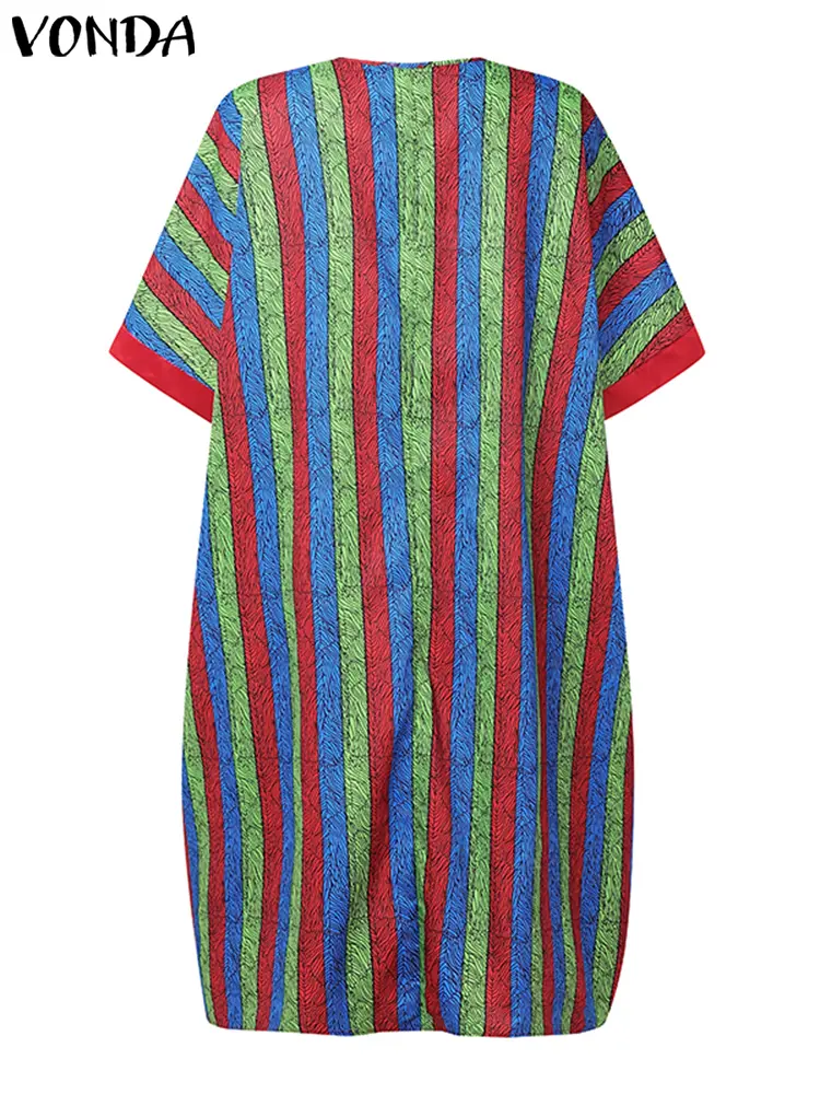 VONDA Bohemian Summer Dress Women Short Sleeve Striped Print Knee-length Sundress V-Neck Beach Vestidos Pockets Oversized Robe