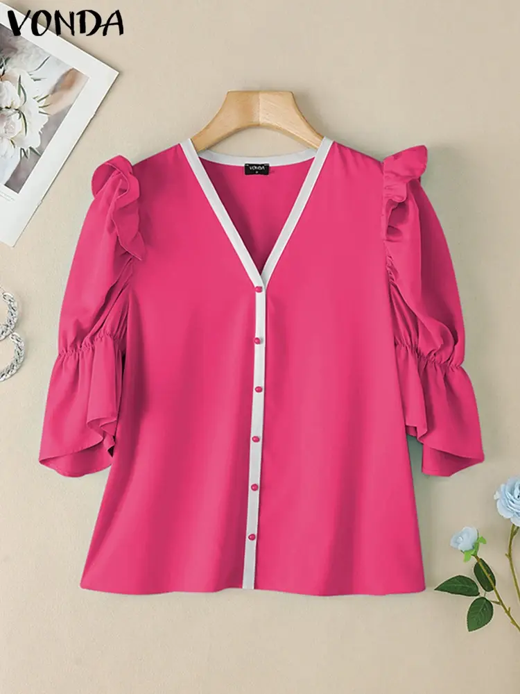 VONDA Vintage Summer Women Blouses Fashion Patchwork Ruffles Puff Sleeve V Neck Tops Tee OL Work Blusas Streetwear Tunic Tops