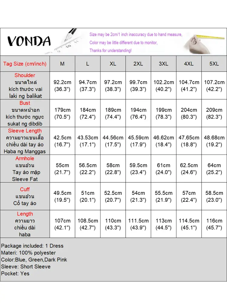 VONDA Bohemian Summer Dress Women Short Sleeve Striped Print Knee-length Sundress V-Neck Beach Vestidos Pockets Oversized Robe