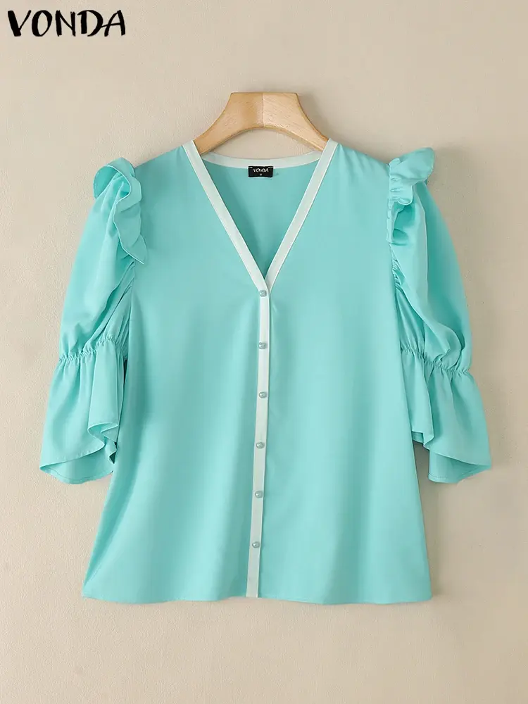 VONDA Vintage Summer Women Blouses Fashion Patchwork Ruffles Puff Sleeve V Neck Tops Tee OL Work Blusas Streetwear Tunic Tops