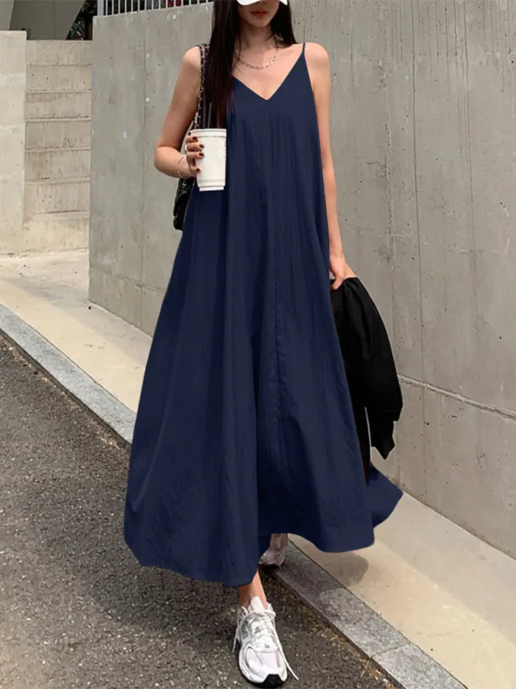 VONDA Women Summer Casual Maxi Dresses Sleeveless Sexy Straps V-Neck Long Sundress 2025 Holiday Beach Vestidos Oversized Robe