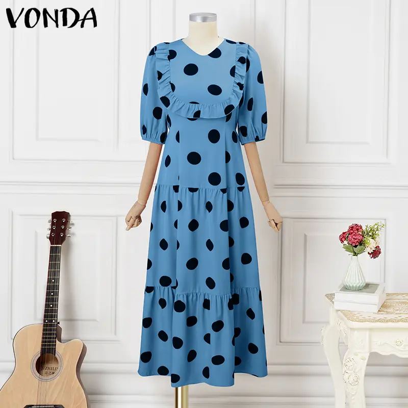 Plus Size Summer Dress VONDA 2025 Women Dot Printed Bohemian Party Ruffled Sundress V-Neck Holiday Vestido Casual Loose Robe 5XL