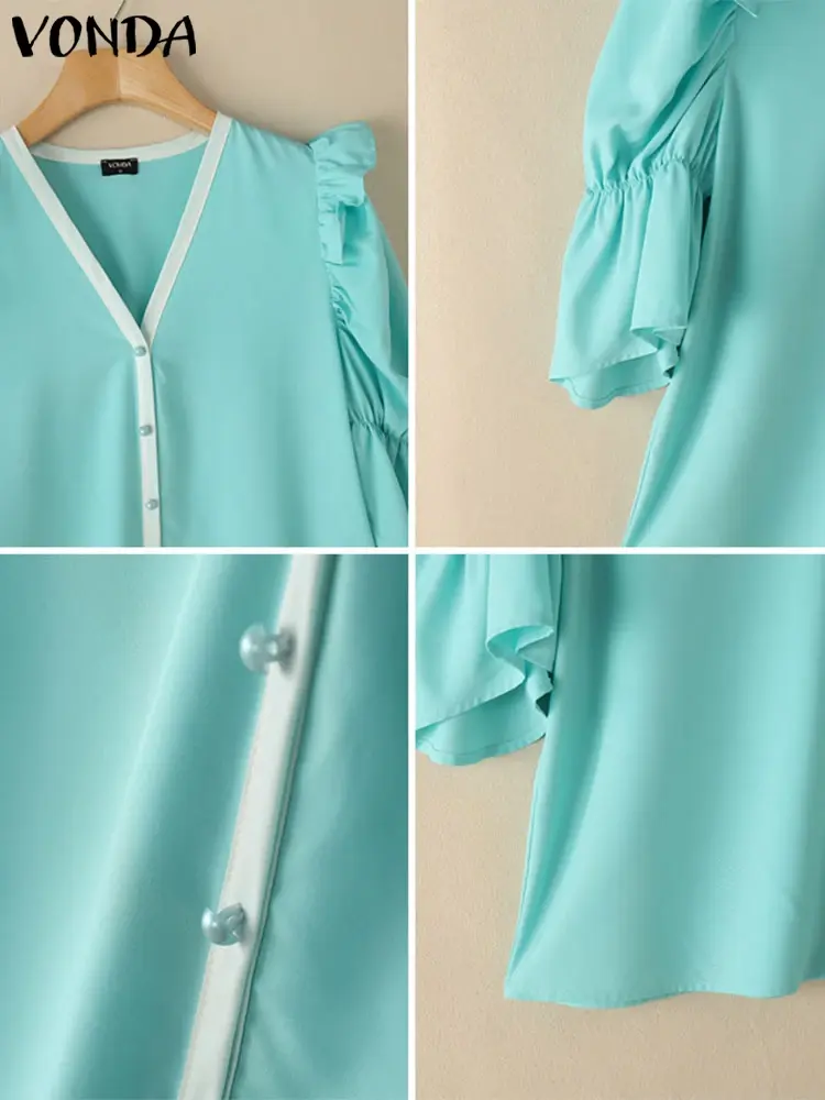 VONDA Vintage Summer Women Blouses Fashion Patchwork Ruffles Puff Sleeve V Neck Tops Tee OL Work Blusas Streetwear Tunic Tops