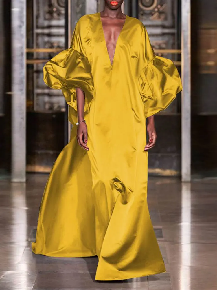 VONDA Elegant Women Satin Maxi Dress 2024 Summer Half Lantern Sleeve Solid Evening Sundress Casual V-Neck Bohemian Party Robe
