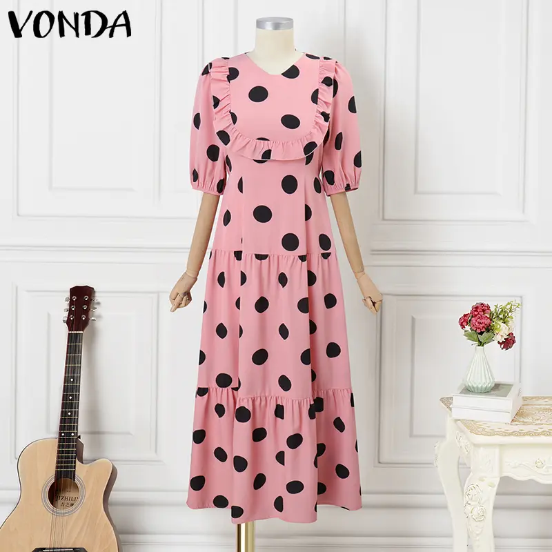 Plus Size Summer Dress VONDA 2025 Women Dot Printed Bohemian Party Ruffled Sundress V-Neck Holiday Vestido Casual Loose Robe 5XL