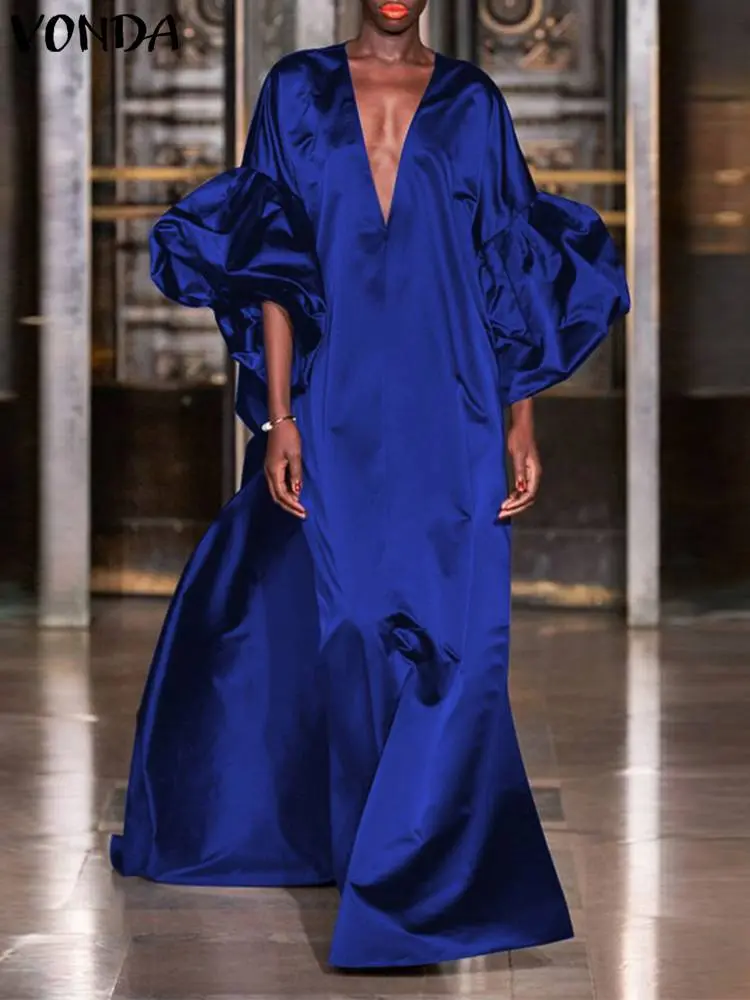VONDA Elegant Women Satin Maxi Dress 2024 Summer Half Lantern Sleeve Solid Evening Sundress Casual V-Neck Bohemian Party Robe