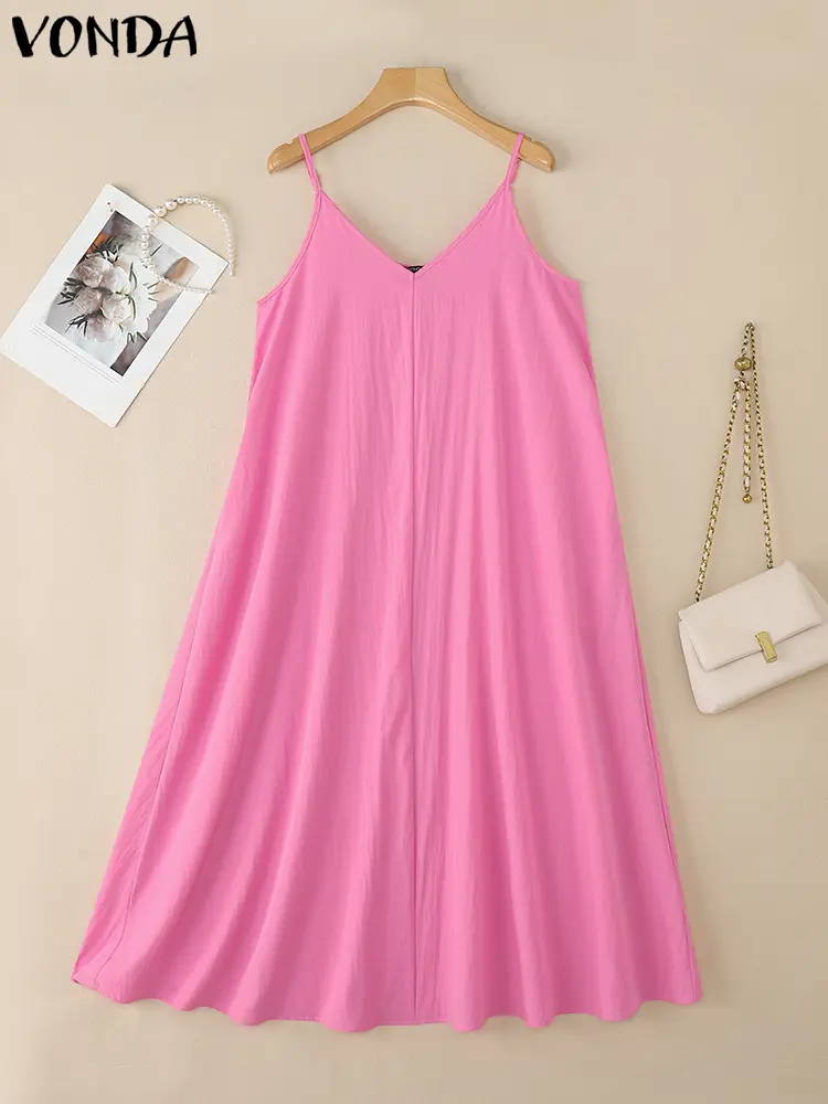 VONDA Women Summer Casual Maxi Dresses Sleeveless Sexy Straps V-Neck Long Sundress 2025 Holiday Beach Vestidos Oversized Robe