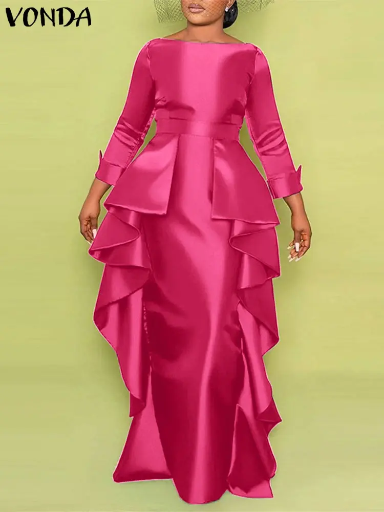 VONDA Women Elegant Satin Dress Maxi Long Dress 2025 Bohemian Irregular Ruffle Sundress Casual Waist Vestidos Solid Color Robe