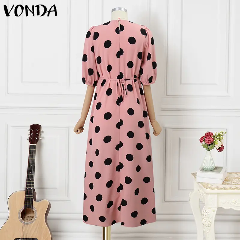 Plus Size Summer Dress VONDA 2025 Women Dot Printed Bohemian Party Ruffled Sundress V-Neck Holiday Vestido Casual Loose Robe 5XL