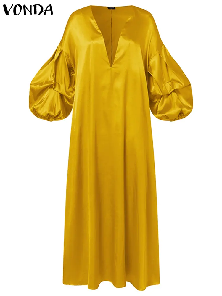 VONDA Elegant Women Satin Maxi Dress 2024 Summer Half Lantern Sleeve Solid Evening Sundress Casual V-Neck Bohemian Party Robe