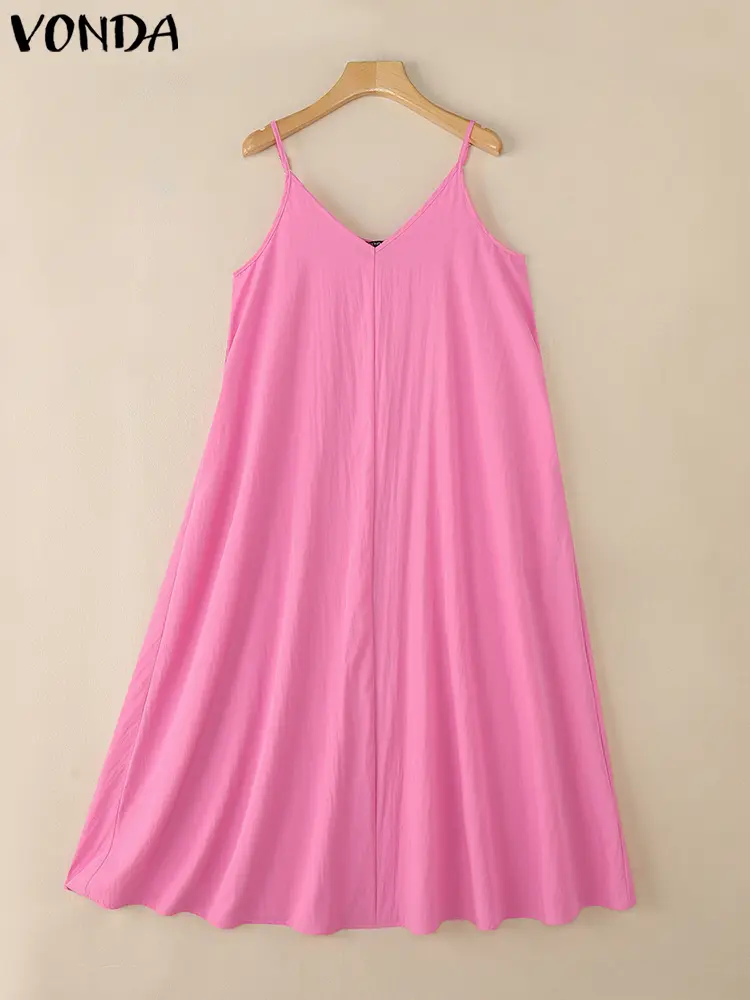 VONDA Women Summer Casual Maxi Dresses Sleeveless Sexy Straps V-Neck Long Sundress 2025 Holiday Beach Vestidos Oversized Robe