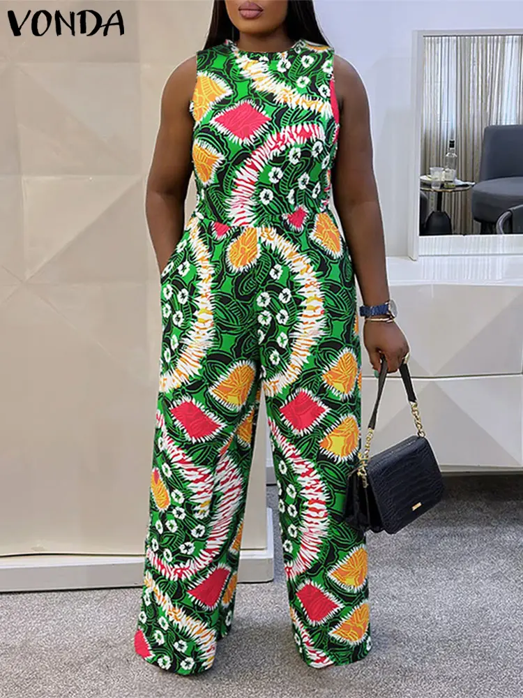 Plus Size 5XL VONDA Women Long Jumpsuits 2025 Summer Vintage Printed Sexy Sleeveless Beach Wide Leg Playsuits Bohemian Overalls