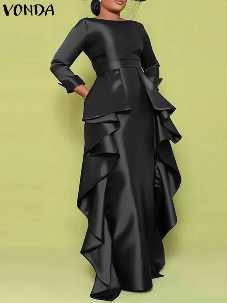 VONDA Women Elegant Satin Dress Maxi Long Dress 2025 Bohemian Irregular Ruffle Sundress Casual Waist Vestidos Solid Color Robe